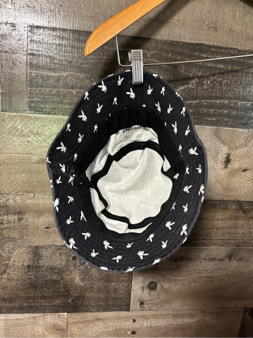 PLAYBOY Black Bucket Hat with White Bunny Motif 100% Cotton